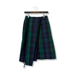 Balenciaga Navy & Green Tartan Wool Kilt Skirt, Size 36